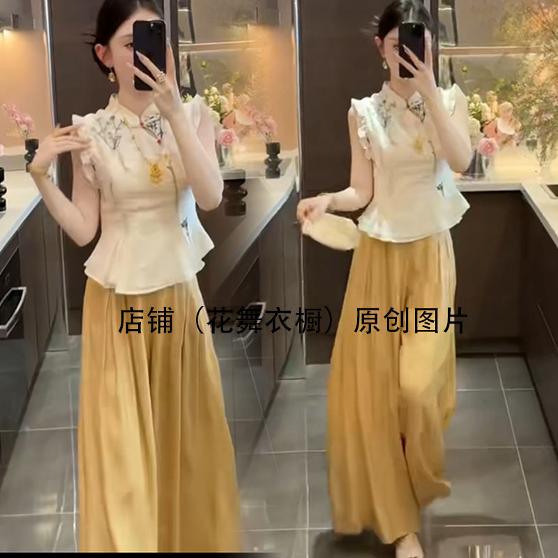 新中式国风米白色套装女收腰盘扣衬衫夏季唐装改良旗袍上衣两件套