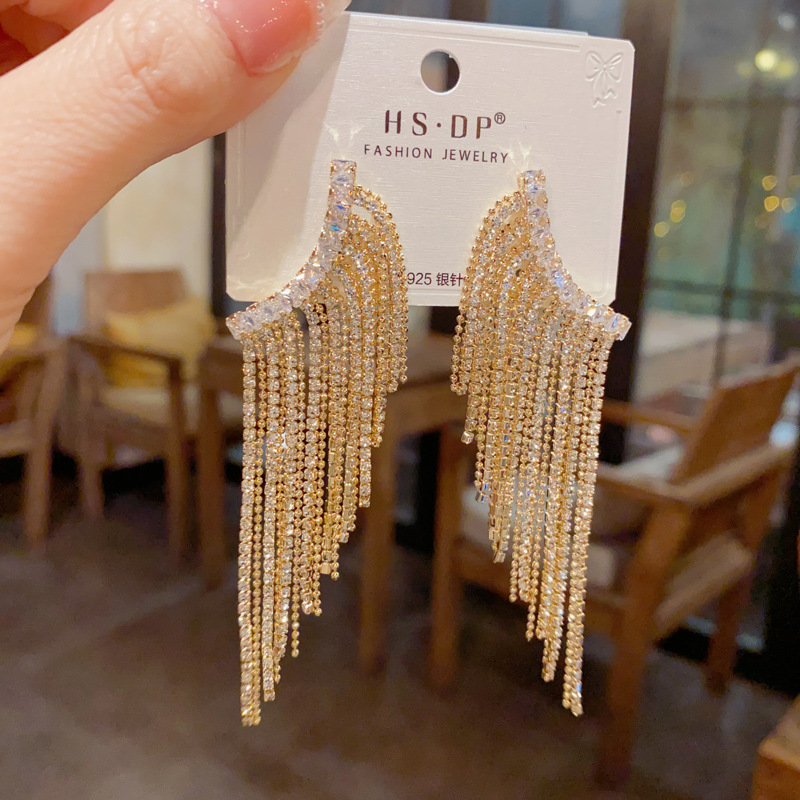 欧美轻奢满钻流苏耳坠925银针
