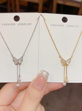 时尚百搭蝴蝶珍珠流苏项链