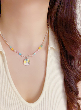 小清新厚银滴油玫瑰花几何碎银串珠项链女时尚百搭锁骨链甜美气质