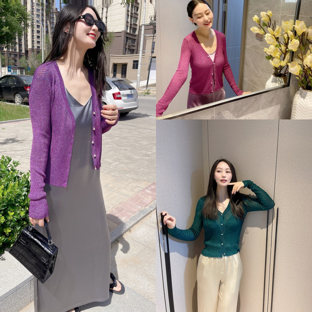 闪光纱针织开衫V领修身