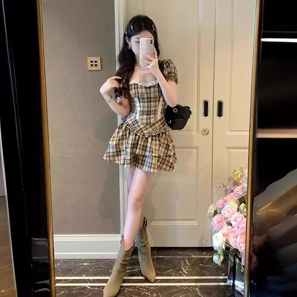 甜心格子连衣裙复古套装气质短袖衬衫女荷叶边蓬蓬半身裙两件套