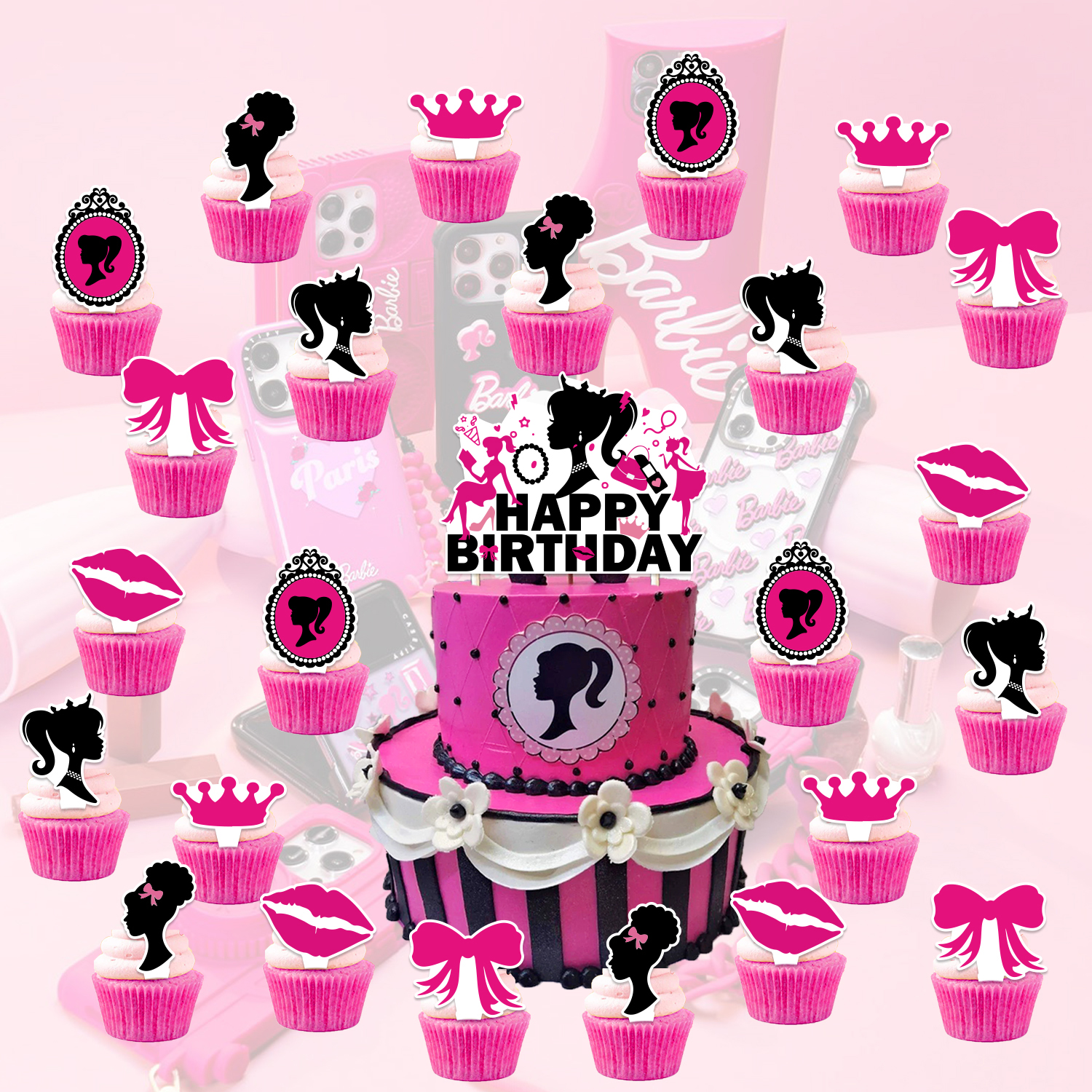 芭比娃娃主题生日派对客厅布置背景挂布拍照海报拉旗气球蛋糕装饰