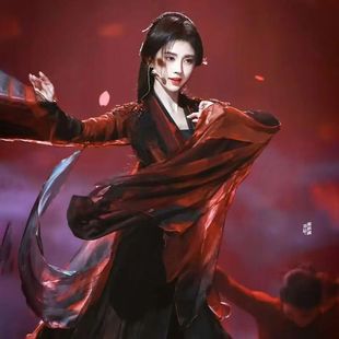 鞠婧祎落同款 古典舞蹈服女仙气黑莲花中国舞黑红大摆裙飘逸演出服