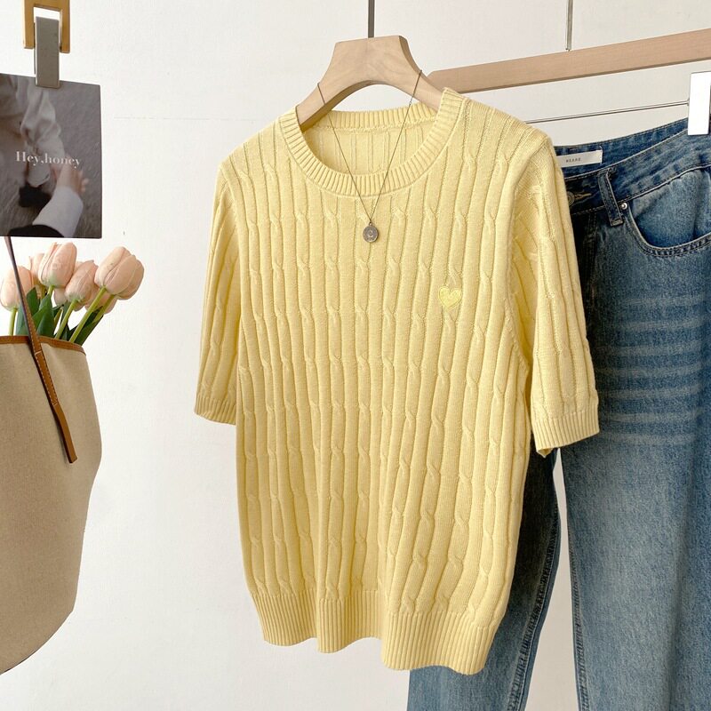 26春夏新品桑蚕丝羊毛针织衫韩版爱心刺绣圆领麻花短袖上衣6168