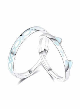 s999纯银猫鱼之恋情侣戒指创意轻奢萌趣猫爪对戒时尚小清新指环