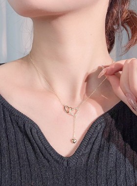 新款双心项链女微镶锆石高级感时尚吊坠环保电镀项饰情人节礼物