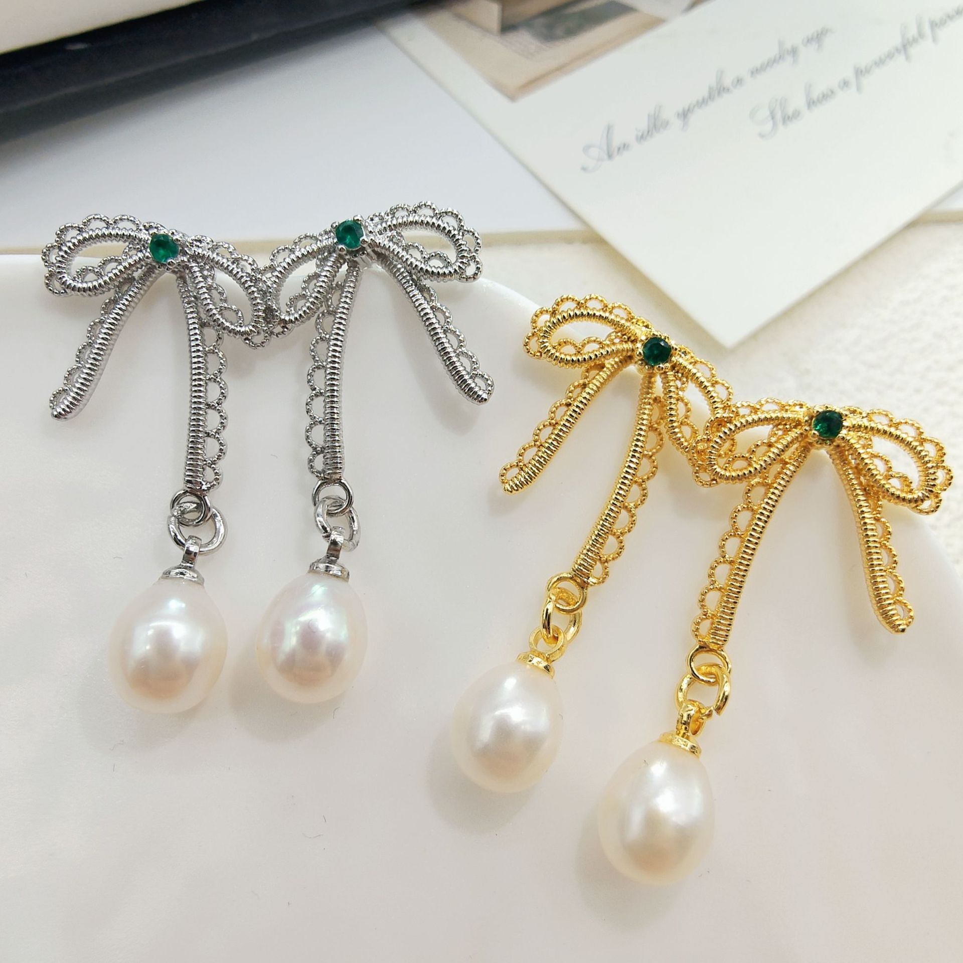 诸暨天然珍珠耳环 18K真金电镀蕾丝蝴蝶结耳钉少女款个性耳环