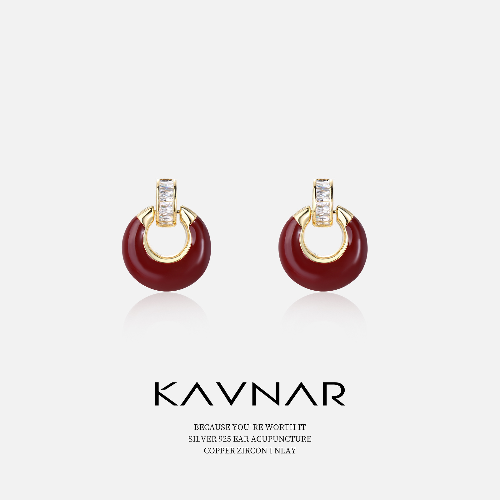 酒红色滴油环形锆石门环耳钉时尚气质耳饰925纯银针耳环高级感女