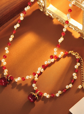 新中式国风串珠红色柿子项链气质网红时尚柿柿如意编织锁骨链