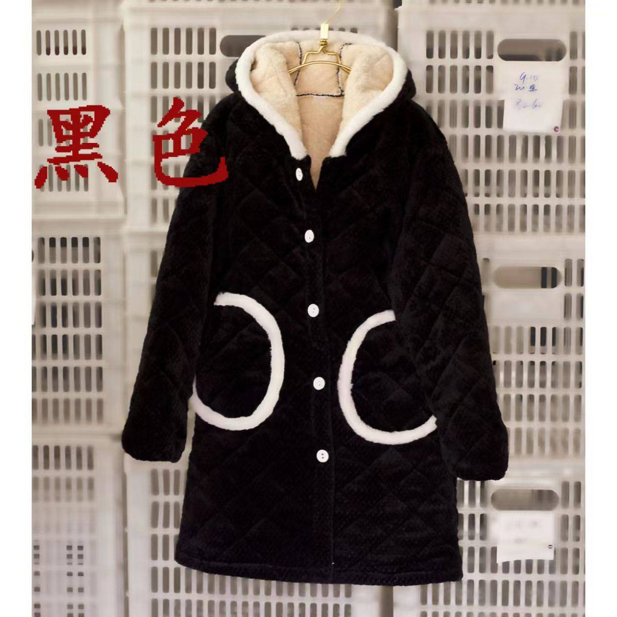 黑色连帽中长款棉服女加绒加厚三层保暖宽松棉袄外套防寒防寒耐脏