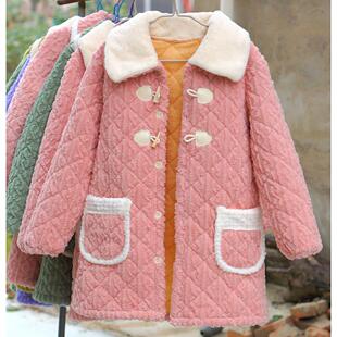 三层保暖夹棉睡衣家居服女可外穿加厚中长款棉袄外百搭套围裙罩衣