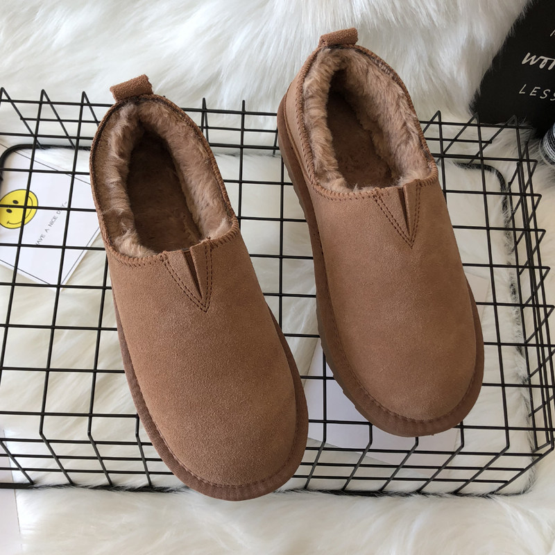 真皮雪地靴低帮女冬休闲保暖百搭懒人套脚棉鞋韩版孕妇居家面包鞋