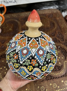 伊朗陶瓷手工绘画上釉带盖干果罐糖果罐