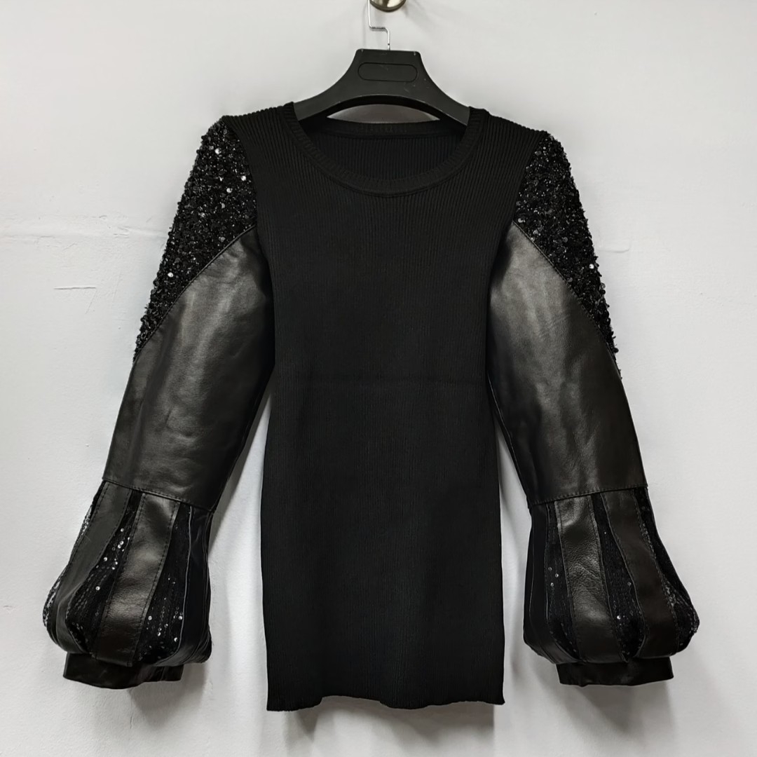 冬季新款灯笼袖绵羊皮百搭全皮皮袖针织打底衫配皮草马甲潮