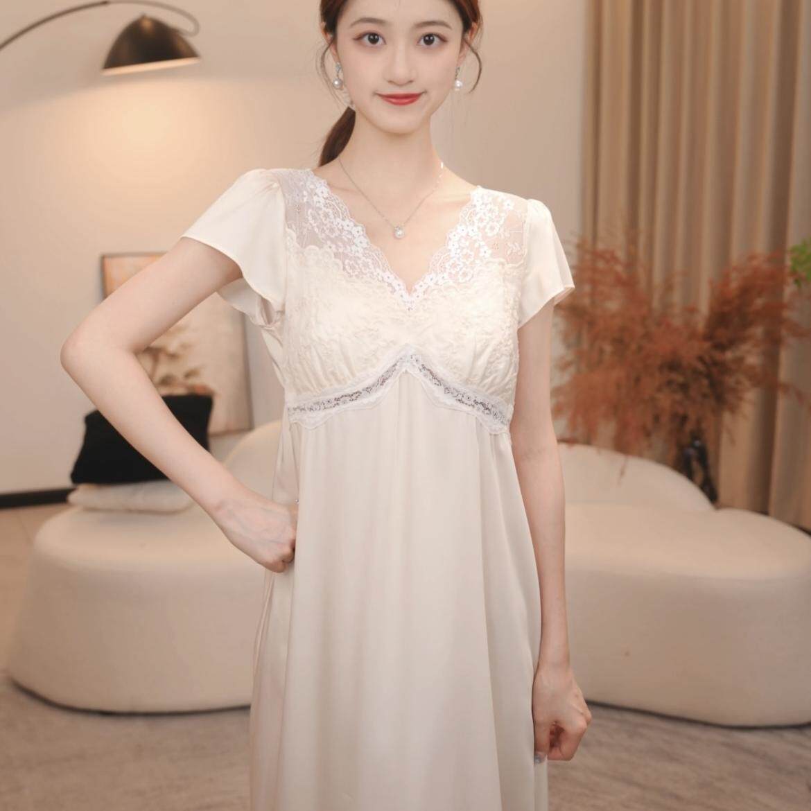 【花嫁】中长款短袖蕾丝重工刺绣气质睡裙仙女款家居服外穿透气