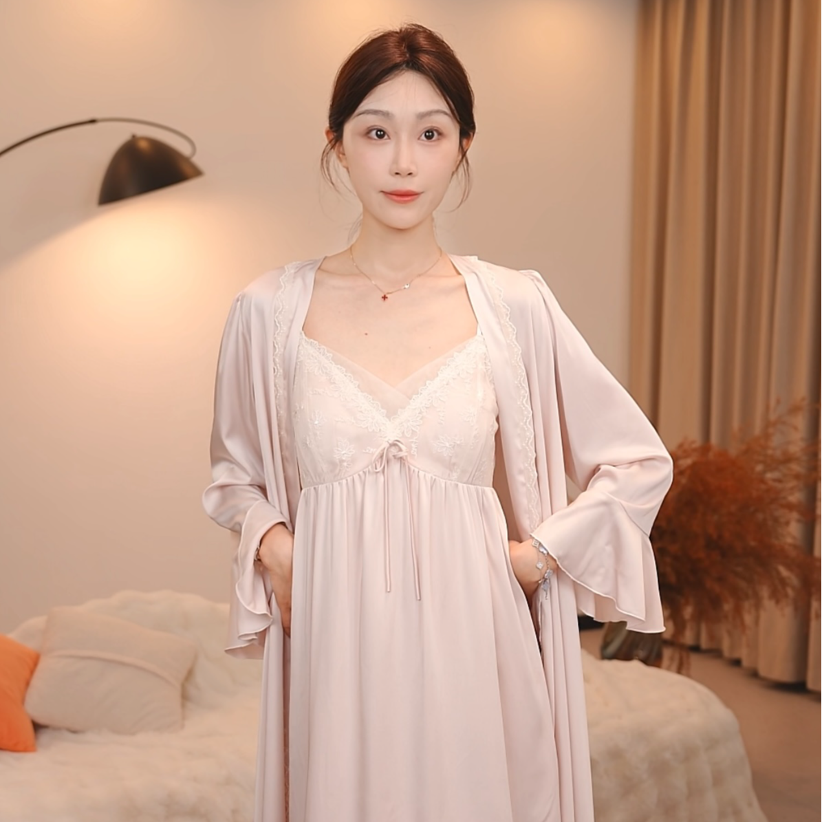 板栗小姐【柔脂】中长款短袖蕾丝重工刺绣气质睡裙仙女款家居服