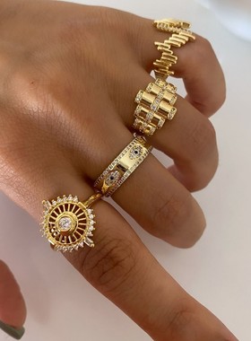 欧美跨境热销时尚镶钻戒指组合小众设计感圆形太阳不规则几何手饰