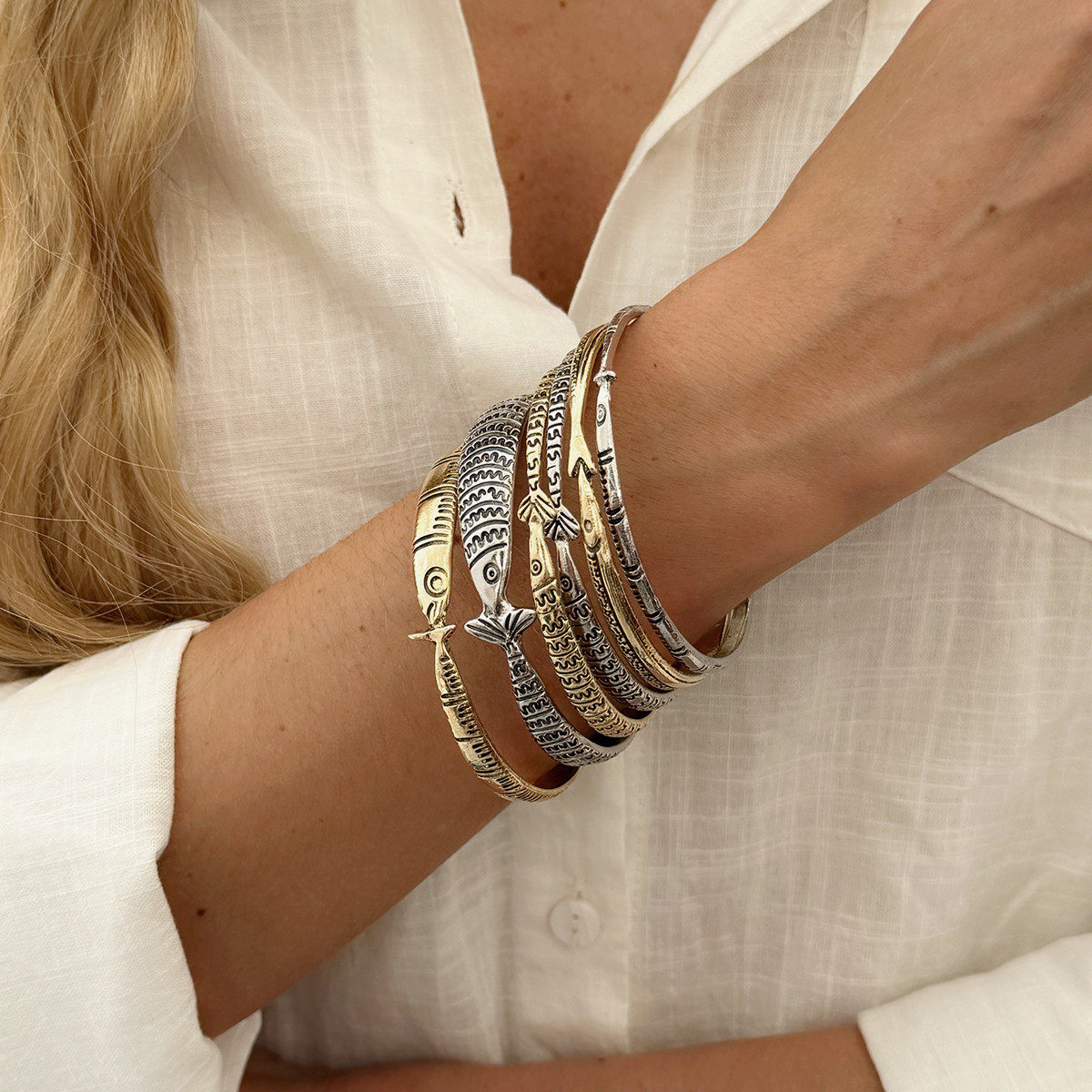 欧美跨境饰品设计感ins鱼纹符号手镯套装 复古潮流叠戴海洋鱼手环