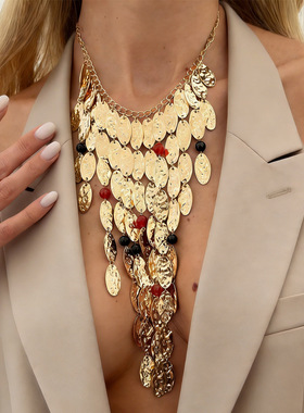 欧美跨境饰品 夸张几何金属圆片层叠项链 嘻哈朋克风三角流苏项饰