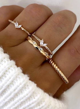 欧美跨境饰品 潮流ins几何玻璃戒指4件套 气质百搭镶钻叠戴手饰女