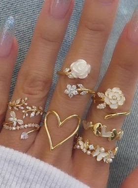 欧美跨境时尚山茶花朵戒指套装小众轻奢高级感镶钻爱心蝴蝶指环女