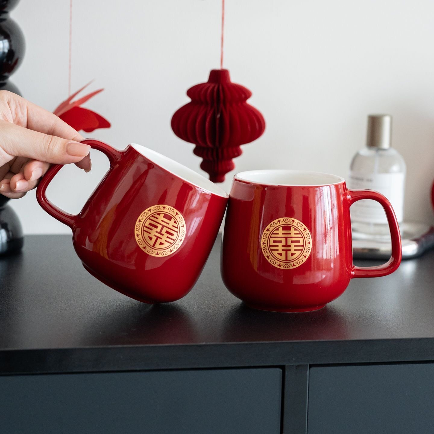陶瓷红色双囍漱口杯喜庆结婚杯子马克杯情侣对杯婚庆洗漱杯子水杯