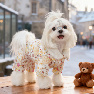 可挂牵引绳碎花翻领狗狗四脚棉衣比熊泰迪马尔济斯加绒保暖连体衣