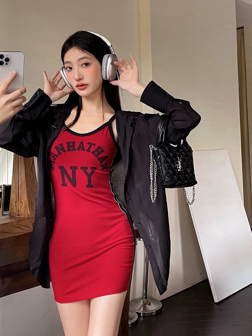美式吊带字母修身辣妹连衣裙天丝薄透长袖防晒衫两件套装2025休闲