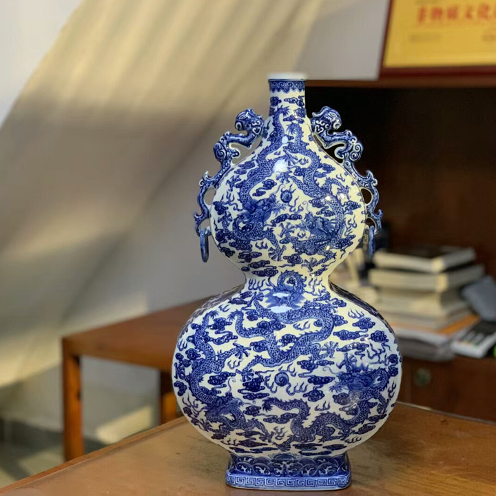 柴窑 青花 九龙纹 双耳葫芦瓶 八宝 海水龙纹扁瓶