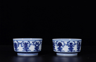 非青如堂 立明堂柴窑青花八宝纹茶杯 花卉主人杯 普洱茶杯一对杯