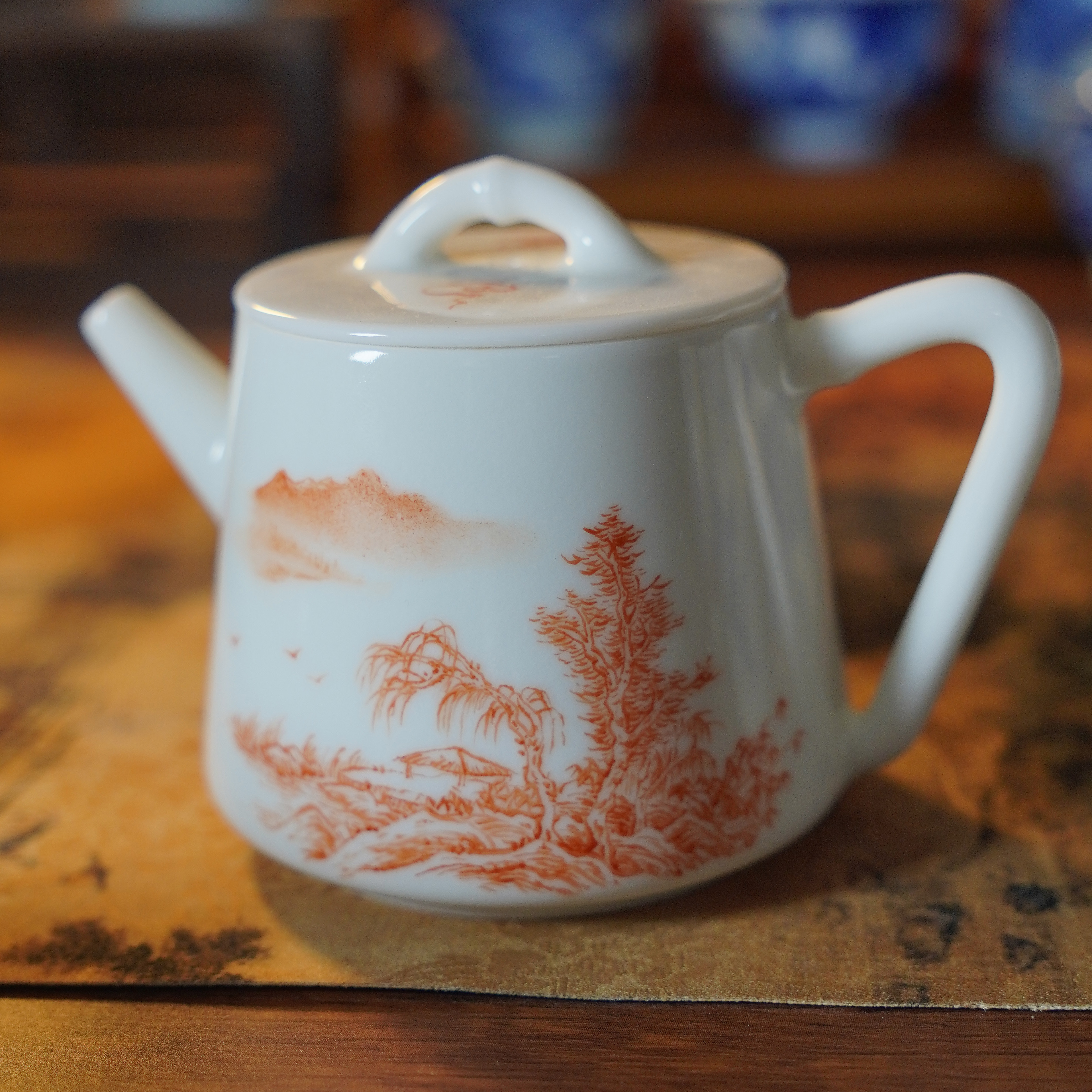 手绘景德镇青花瓷经典山水功夫小茶壶仿古泥柴窑宫灯壶手工瓷凡红