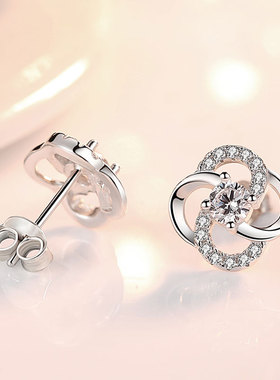 925纯银四叶草耳钉女气质韩国个性简约学生2018新款防过敏耳环