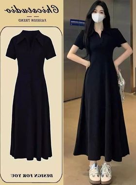 长裙法式裙子黑色高级OLO短袖连衣裙P女夏季设计感领收腰显瘦正肩