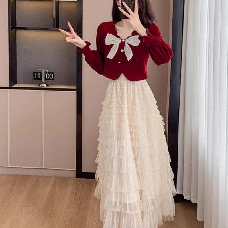 一整套女层层网纱小套装香风搭穿上小个子半身裙秋两件套衣服蛋糕