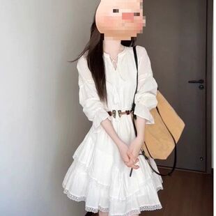 法式v领重工蕾丝拼接白色长袖连衣裙高级感小个子衬衫裙仙女秋季