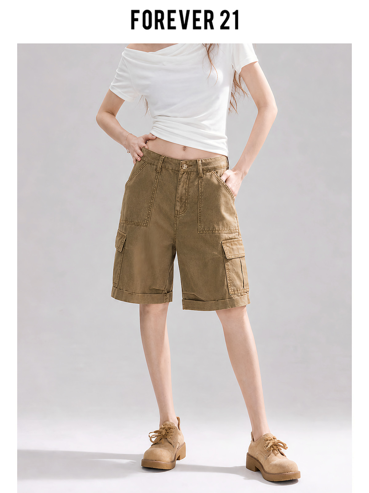 Forever 21卡其色2026年夏季新款牛仔裤高腰五分裤微喇女短裤牛仔