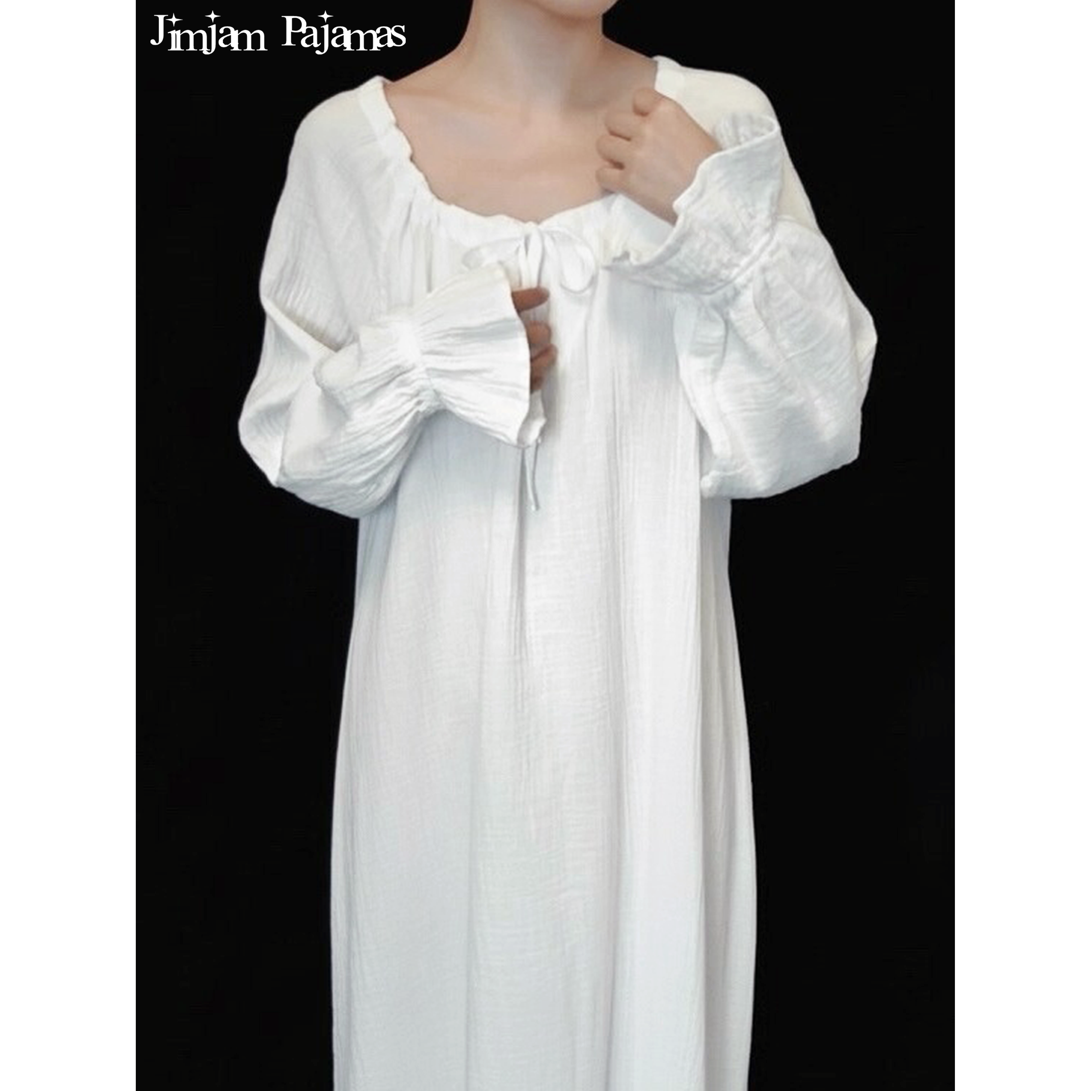 Jimjam Pajamas '皱皱双层纱' 有机棉睡裙法式抽绳睡衣睡袍