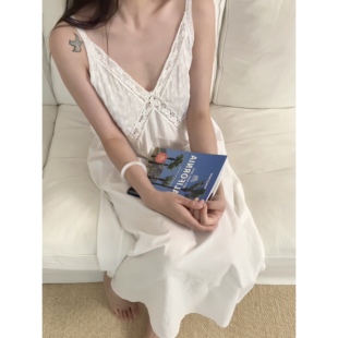 Jimjam Pajamas“罗马假日”有机棉蕾丝拼接V领吊带法式睡裙睡衣