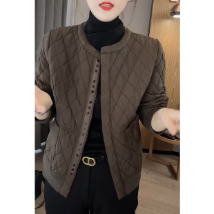 胖mm秋冬时尚 百搭洋气保暖上衣 复古菱格棉衣外套女宽松显瘦妈妈装