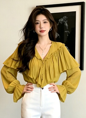 设计感时尚减龄V领荷叶边上衣女装大码洋气宽松显瘦黄色长袖衬衫