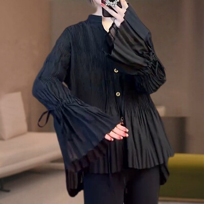 春季大码喇叭袖褶皱显瘦衬衫