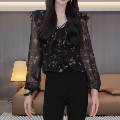 大码复古碎花v领雪纺衬衫女春季洋气减龄宽松显瘦气质百搭上衣衫