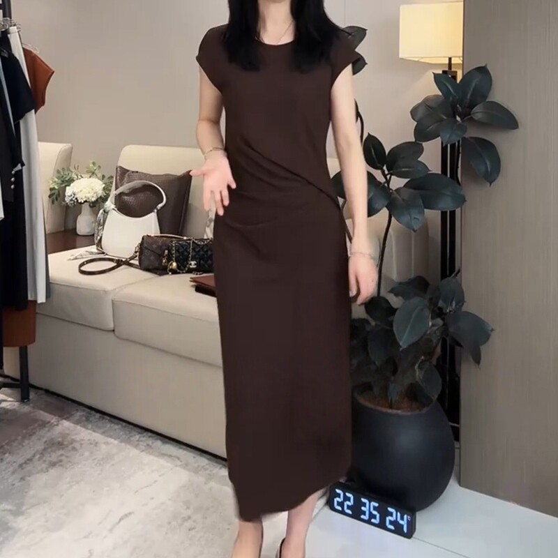 大码修身型显瘦收腰a字连衣裙女士优雅气质纯色中长款无袖裙子潮