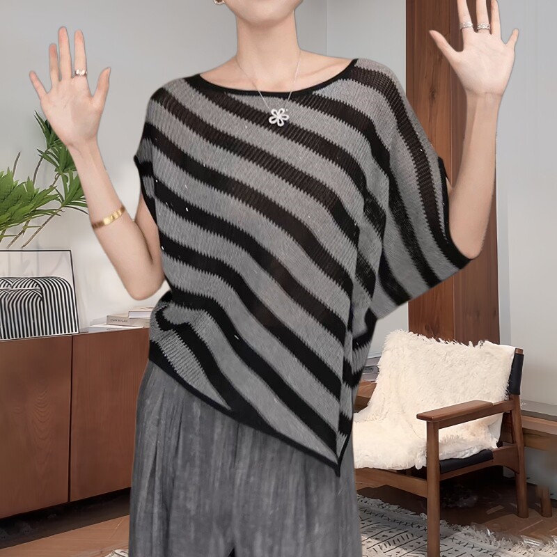 胖mm松弛感时尚撞色条纹针织衫女装夏季休闲日常薄款套头圆领上衣