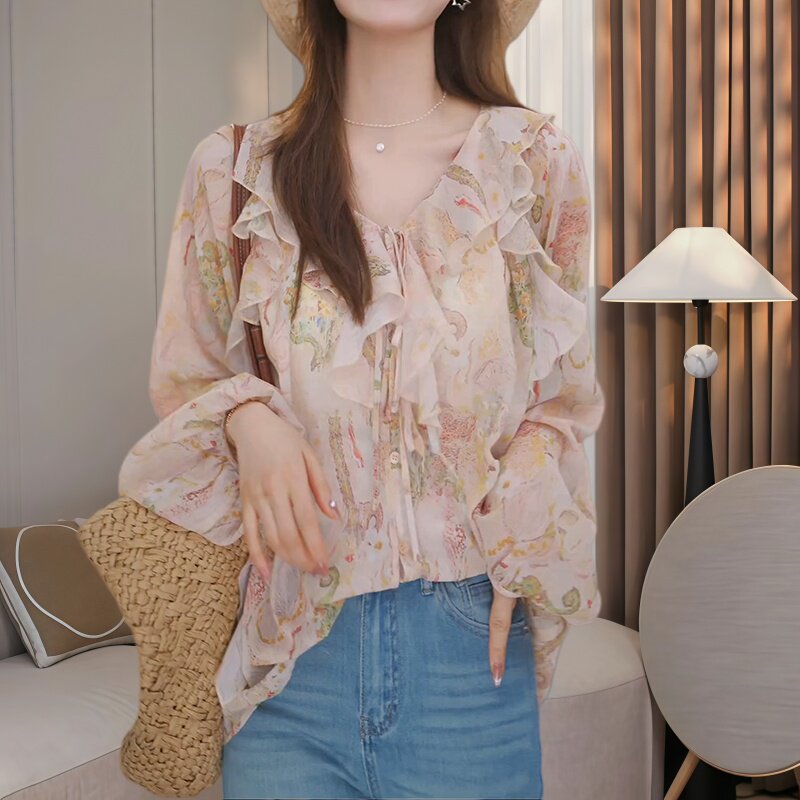夏季时尚荷叶边碎花v领长袖衬衫女法式气质喇叭袖防晒罩衫上衣潮