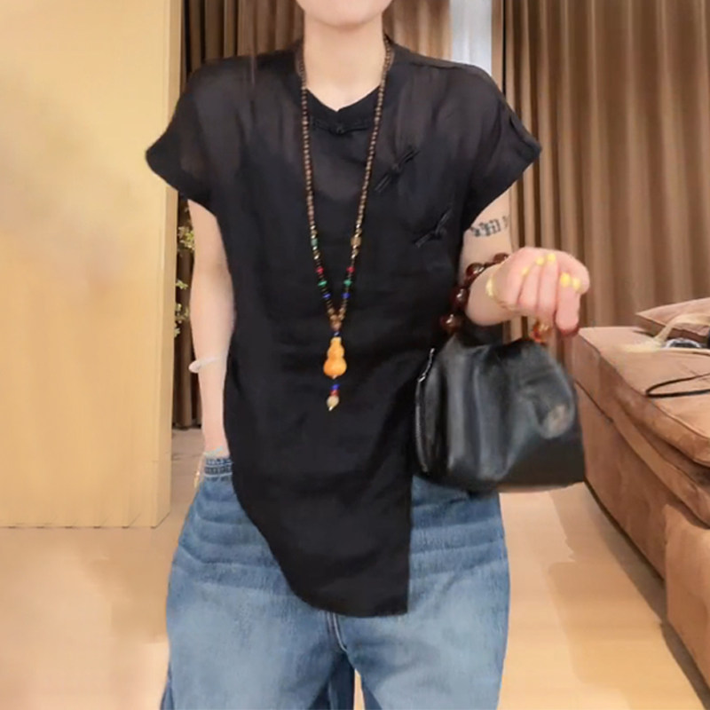 新中式斜襟盘扣休闲黑色衬衫女宽松遮肉衬衣高级感气质不规则上衣