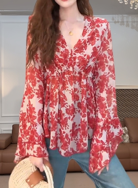 法式时髦V领花卉印花衬衫女慵懒感宽松休闲衬衣薄款长袖红色上衣