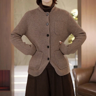 韩式休闲风立领纽扣开衫毛衣女大码长袖宽松通勤外套时尚驼色上衣