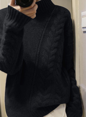 姿态优雅 漂亮的不对称麻花设计 羊绒衫双层半高领灰色纯羊绒毛衣